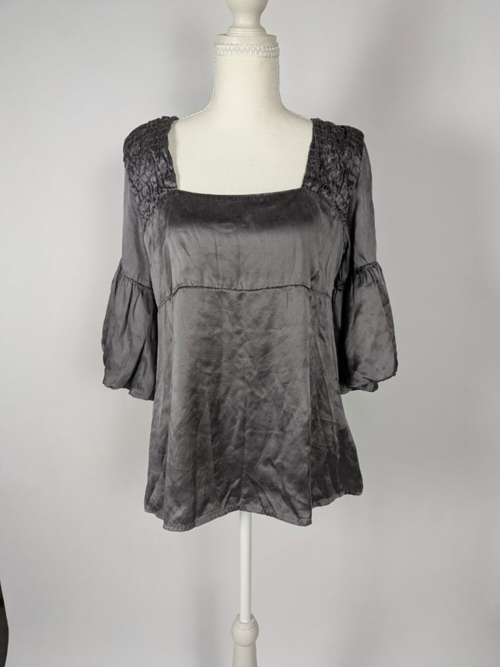 Glam Vintage Soul Silk Whimsigoth Blouse Women's L Charcoal Grey Square Neck